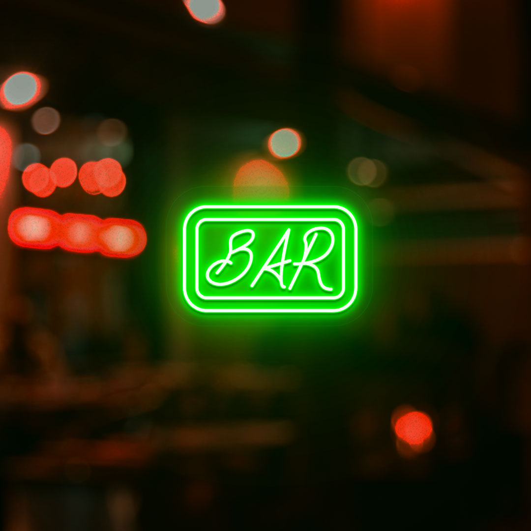 A stylish green LED bar neon sign mounted on a modern bar door. Perfect for bars, pubs, lounges, parties, and event décor.