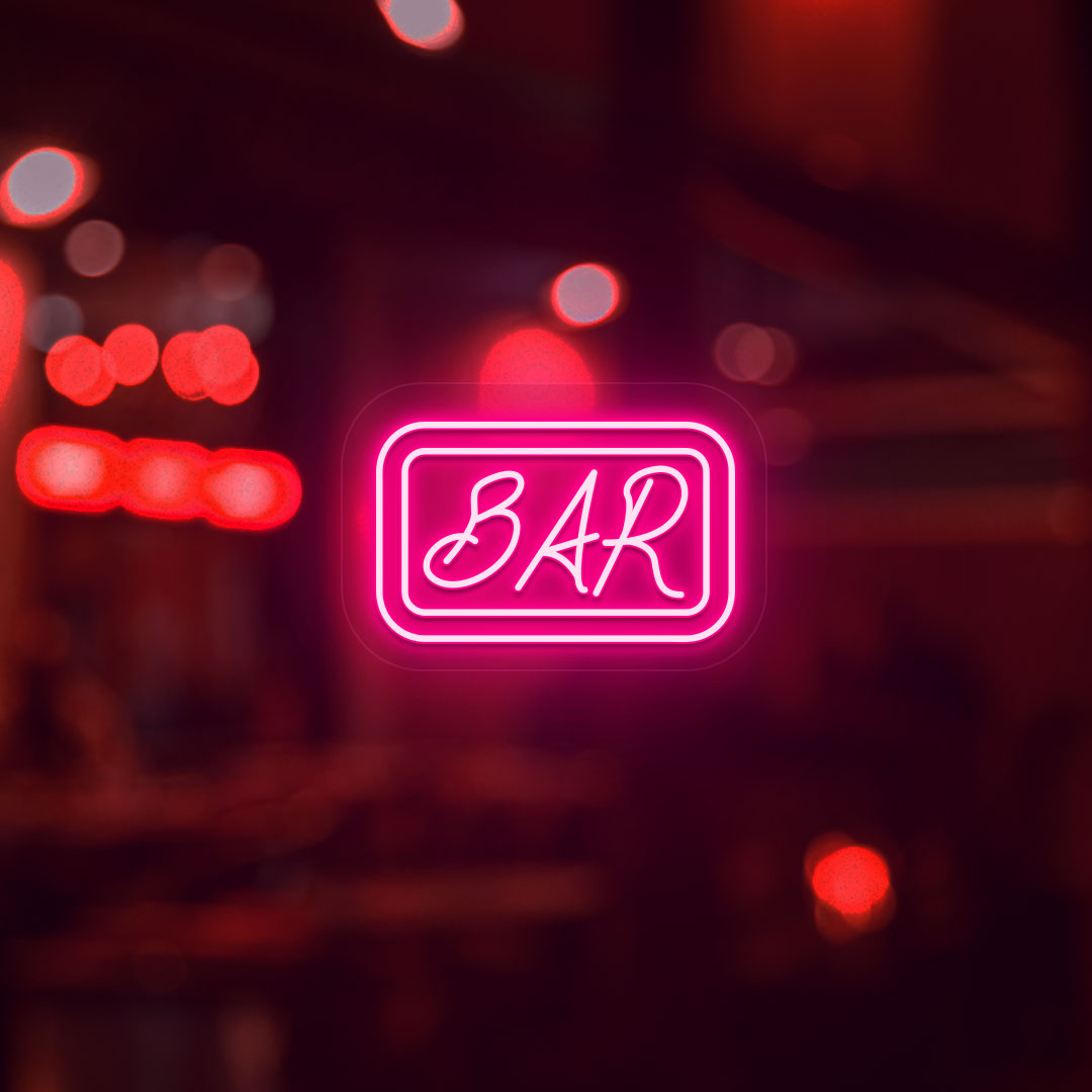 A stylish pink LED bar neon sign mounted on a modern bar door. Perfect for bars, pubs, lounges, parties, and event décor.