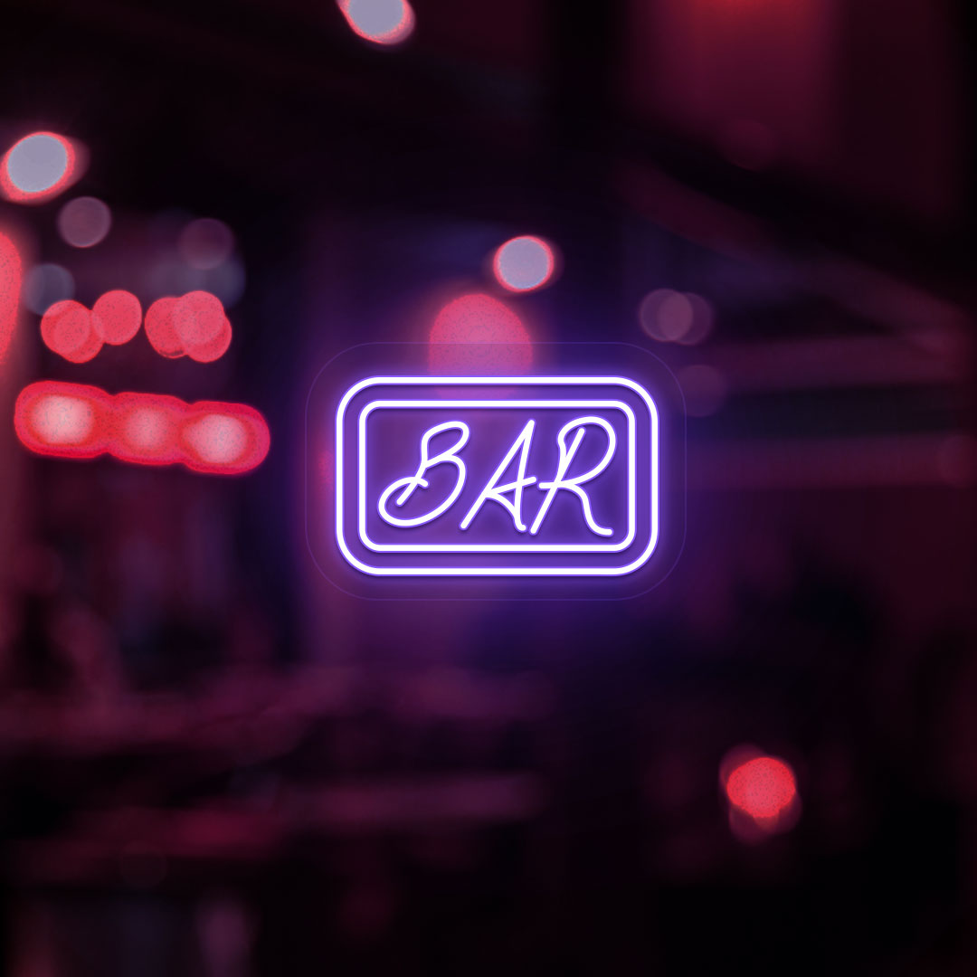Image of a bar neon sign glowing on a modern bar door in purple color. 