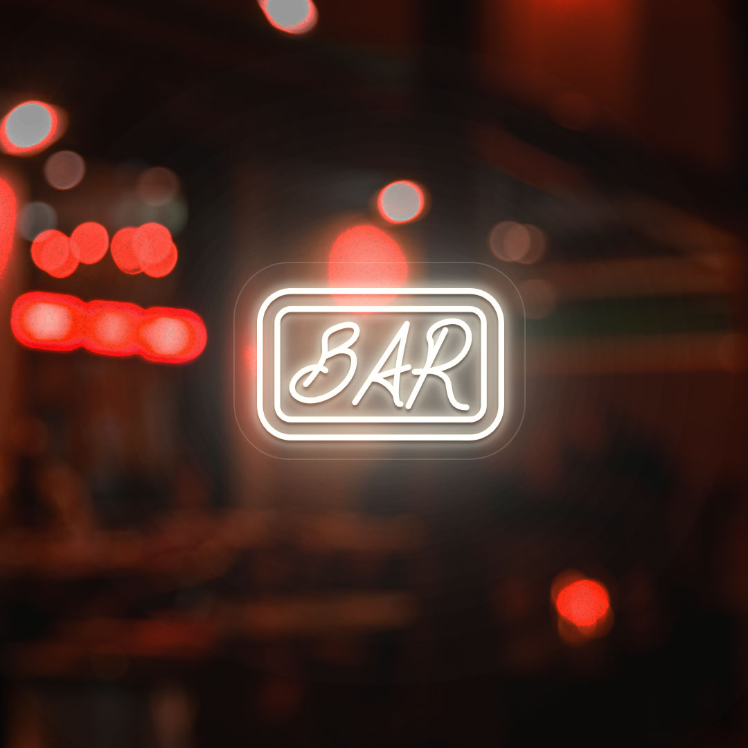 Image of a bar neon sign glowing on a modern bar door in warm white color. 