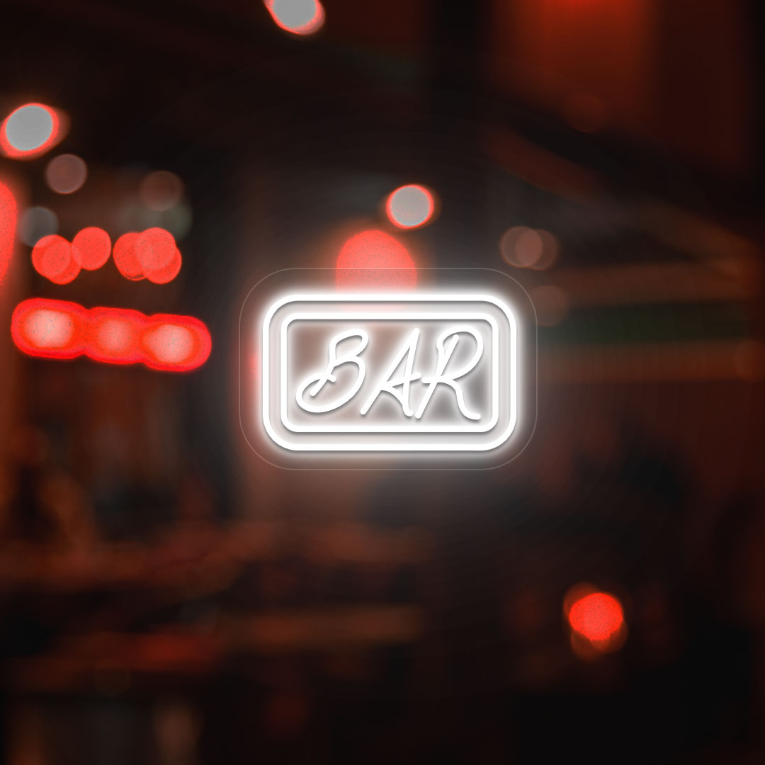 A stylish white LED bar neon sign mounted on a modern bar door. Perfect for bars, pubs, lounges, parties, and event décor.