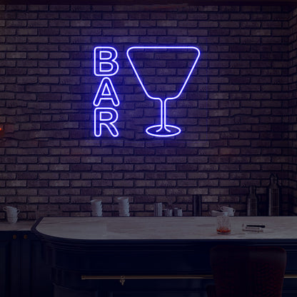 Lounge wall with bar neon sign and glass icon in blue LED. Perfect for bars, home bar setups, parties, and event décor.