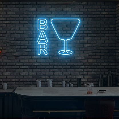 Image of a bar LED neon sign with a glass symbol on a modern bar wall in ice blue color.