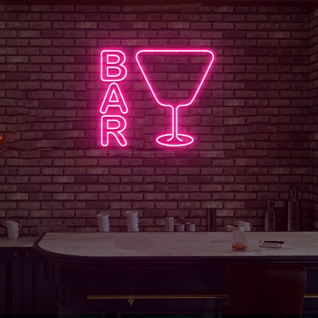 Lounge wall with bar neon sign and glass icon in pink LED. Perfect for bars, home bar setups, parties, and event décor.