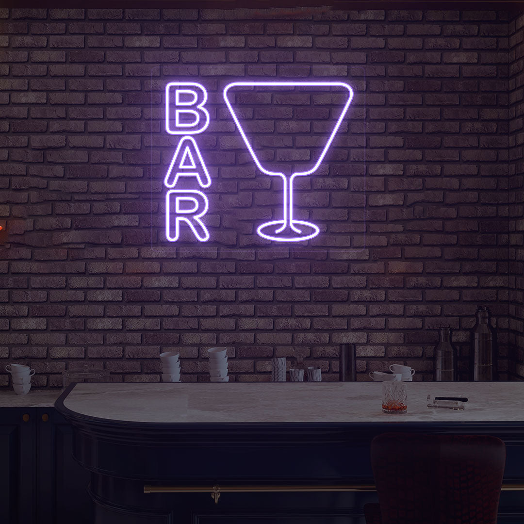Image of a bar LED neon sign with a glass symbol on a modern bar wall in purple color.
