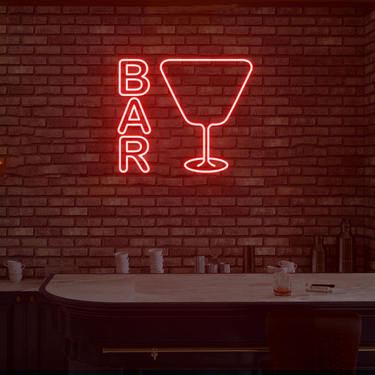 Image of a bar LED neon sign with a glass symbol on a modern bar wall in red color.