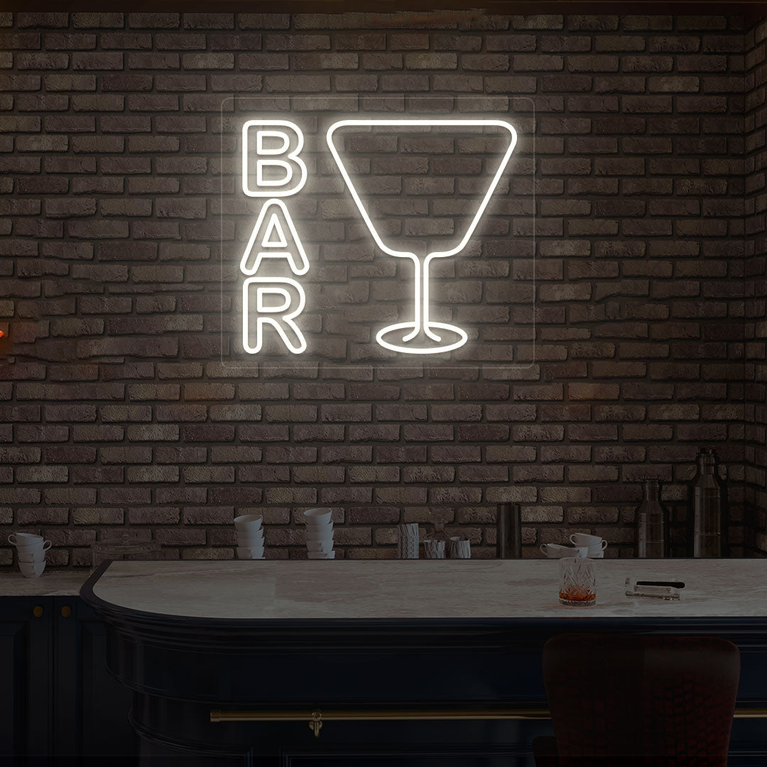 Lounge wall with bar neon sign and glass icon in white LED. Perfect for bars, home bar setups, parties, and event décor.