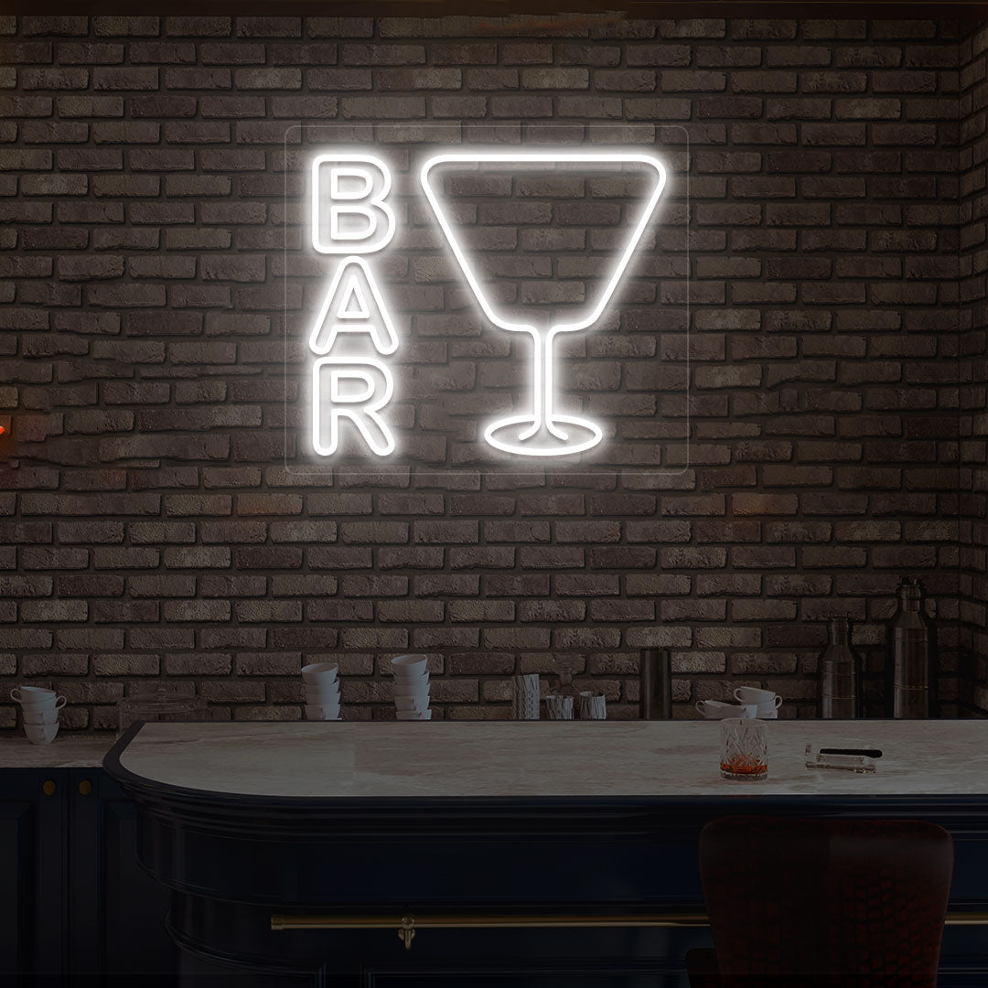 Stylish bar neon sign in white with glass design on modern wall.