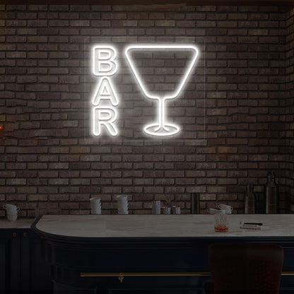 Stylish bar neon sign in white with glass design on modern wall.