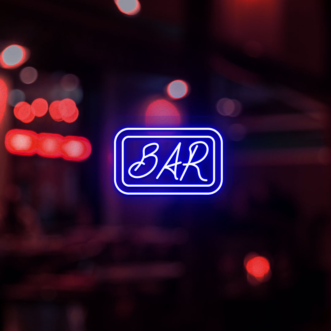 Image of a bar neon sign glowing on a modern bar door in blue color. 