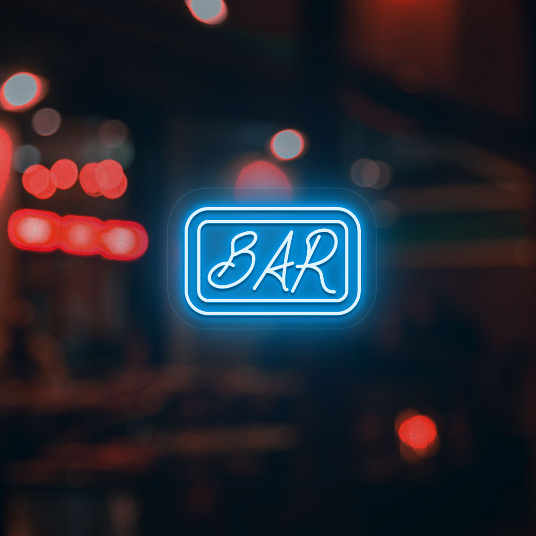 A stylish ice blue LED bar neon sign mounted on a modern bar door. Perfect for bars, pubs, lounges, parties, and event décor.