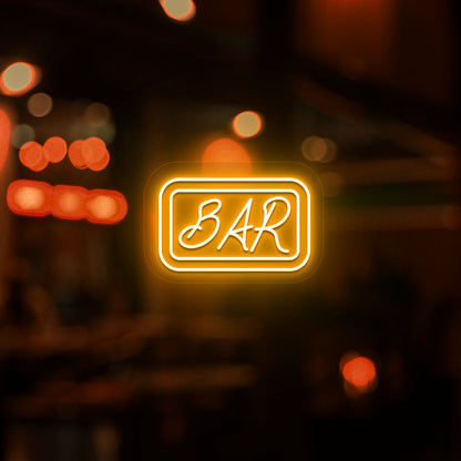 Image of a bar neon sign glowing on a modern bar door in orange color. 