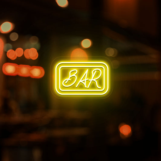 Image of a bar neon sign glowing on a modern bar door in yellow color. 