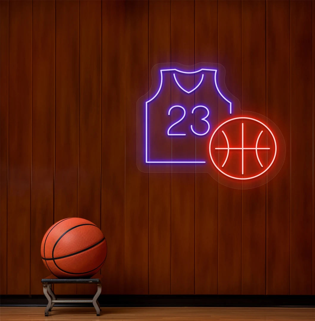 image of a basketball with a jersey neon sign above the ball on a dressing room wall in blue color.