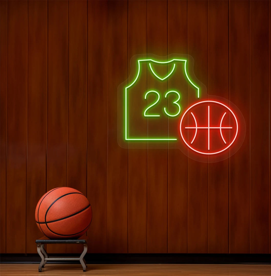 Basketball neon sign glowing green above basketball on aesthetic dressing room wall.