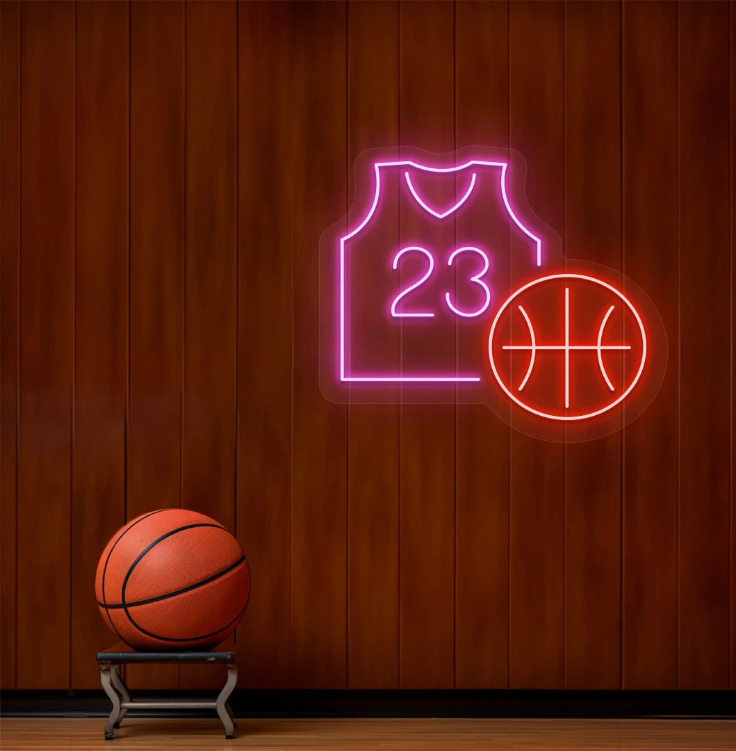 image of a basketball with a jersey neon sign above the ball on a dressing room wall in pink color.