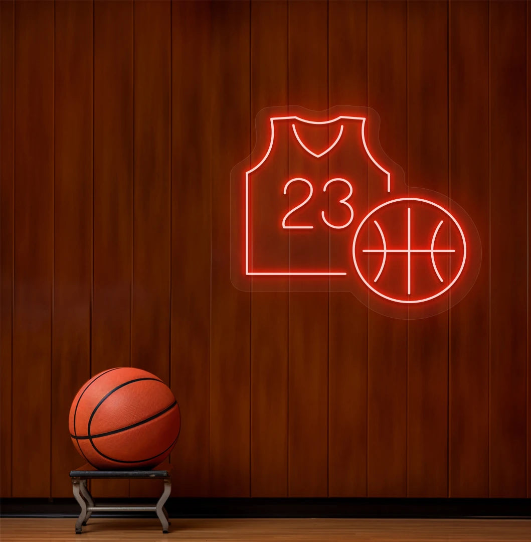 image of a basketball with a jersey neon sign above the ball on a dressing room wall in red color.