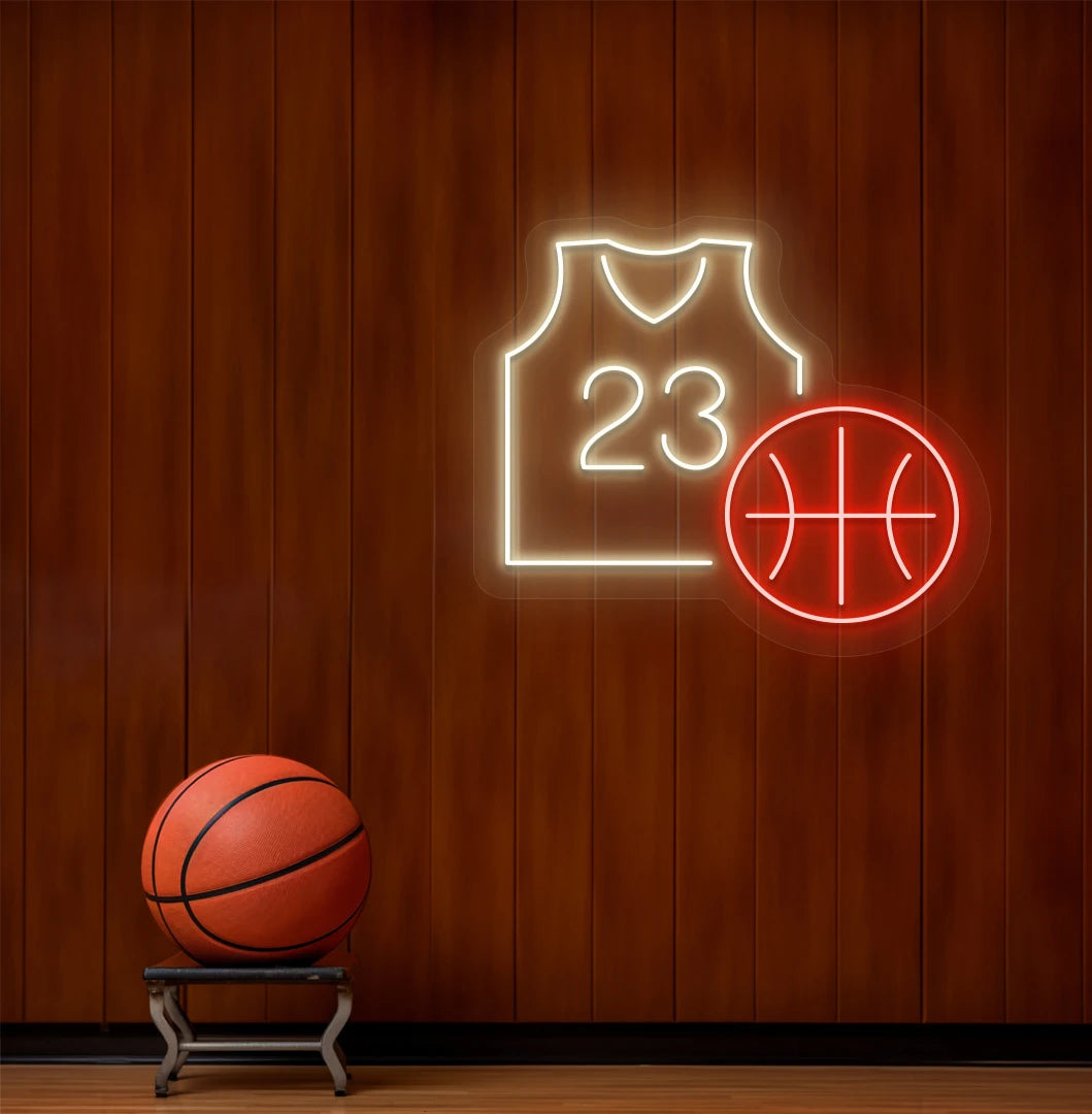 Basketball neon sign glowing warm white above basketball on aesthetic dressing room wall
