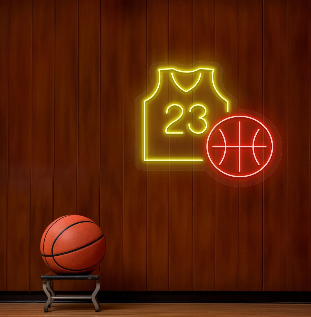 Basketball neon sign glowing yellow above basketball on aesthetic dressing room wall