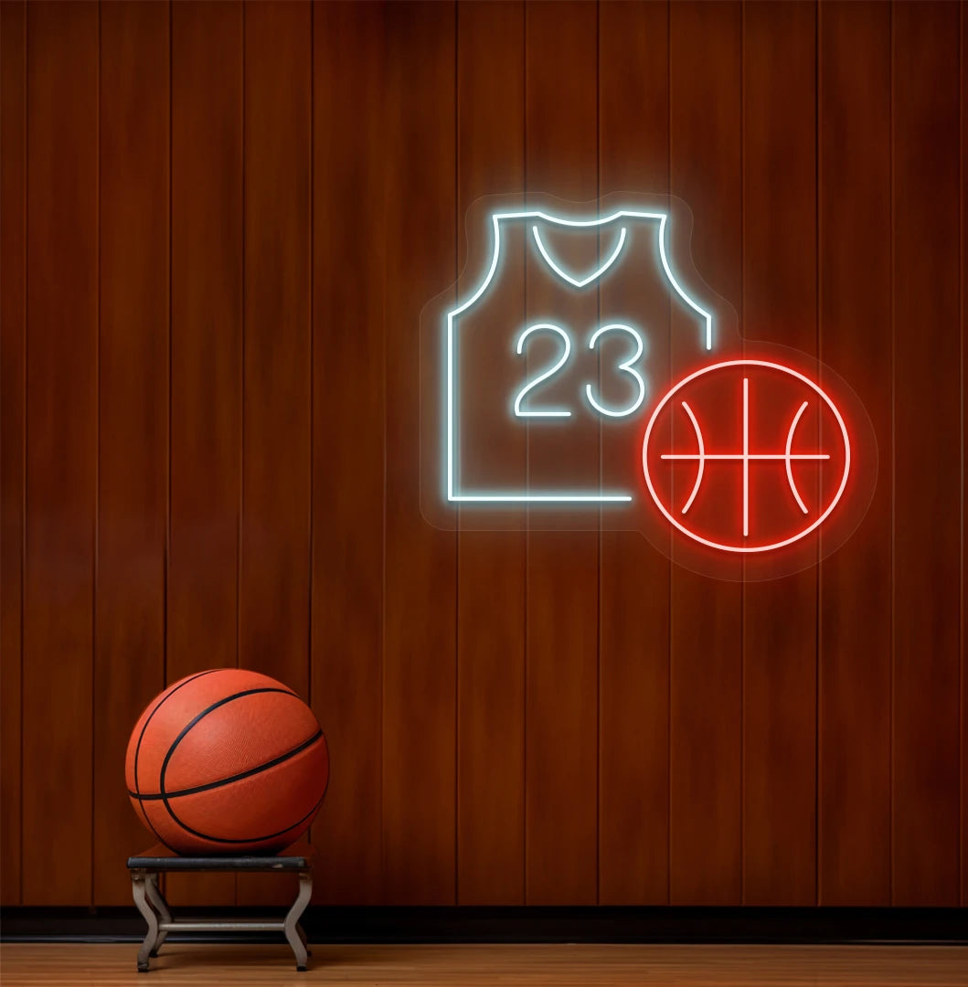 image of a basketball with a jersey neon sign above the ball on a dressing room wall in ice blue color.