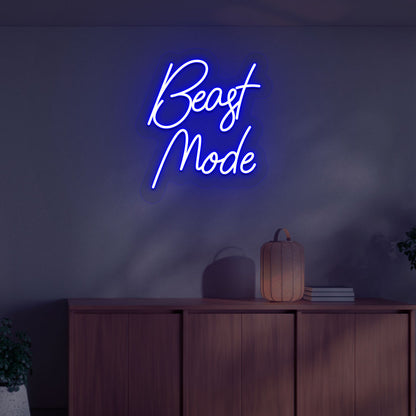 Bright blue LED beast mode neon sign for gym wall décor. Perfect for workout areas, gaming rooms & streaming setups and motivational setups.
