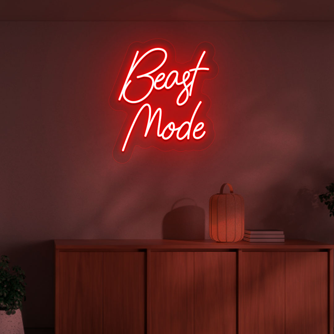 Bright red LED beast mode neon sign for gym wall décor. Perfect for workout areas, gaming rooms & streaming setups and motivational setups.