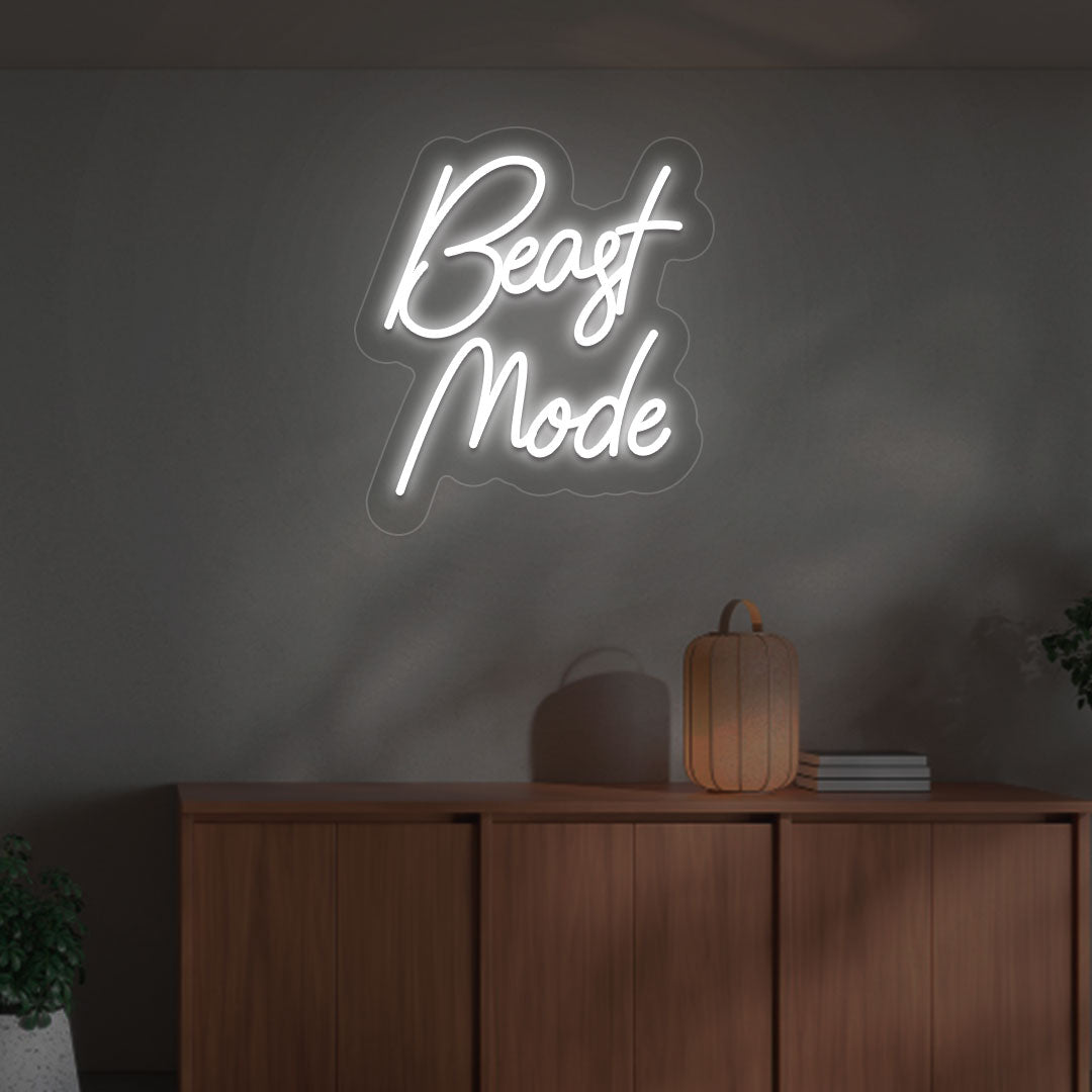 Bright white LED beast mode neon sign for gym wall décor. Perfect for workout areas, gaming rooms & streaming setups and motivational setups.