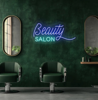 Image of an aesthetic salon wall with beauty salon neon sign glowing blue.