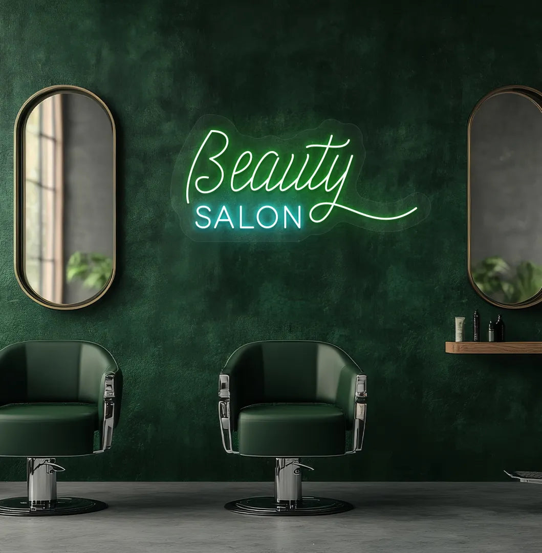 Modern salon aesthetic wall with beauty salon neon sign glowing green.