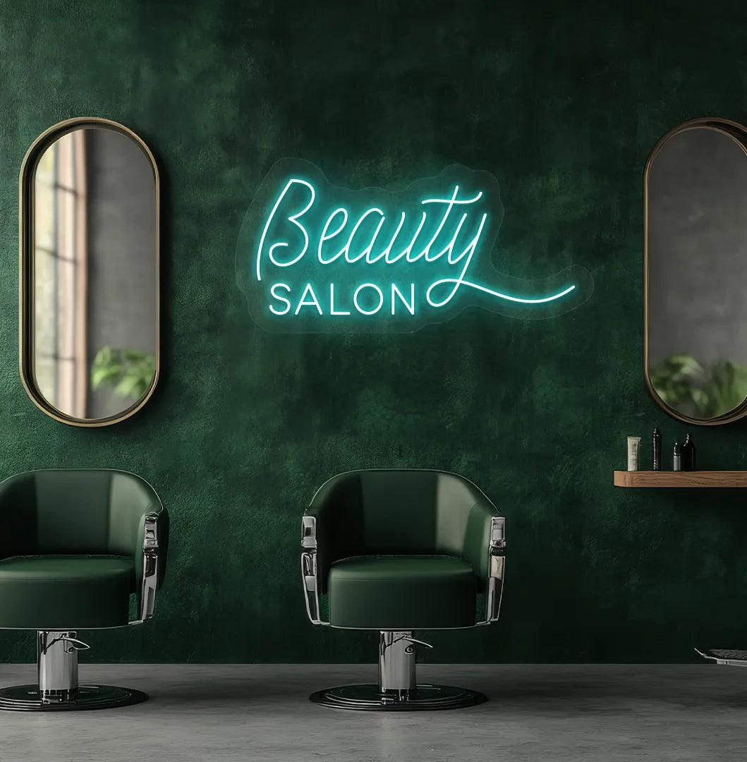Image of an aesthetic salon wall with beauty salon neon sign glowing ice blue.