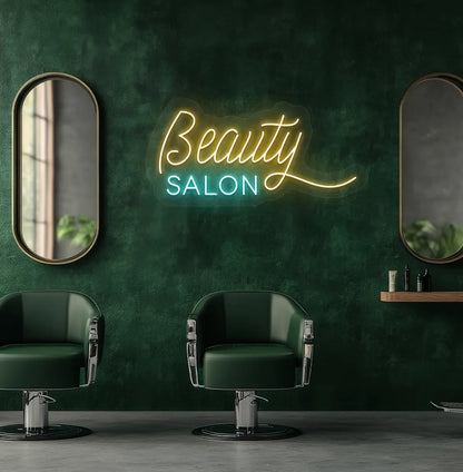 Modern salon aesthetic wall with beauty salon neon sign glowing orange.