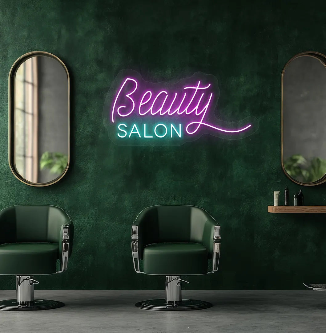 Image of an aesthetic salon wall with beauty salon neon sign glowing pink.