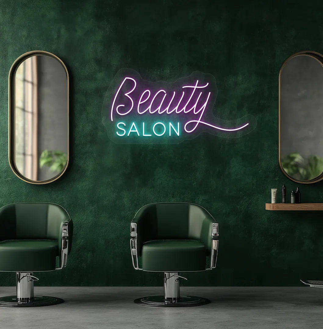 Modern salon aesthetic wall with beauty salon neon sign glowing purple.