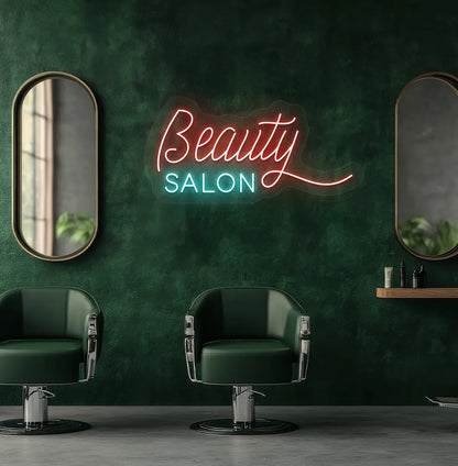 Image of an aesthetic salon wall with beauty salon neon sign glowing red.