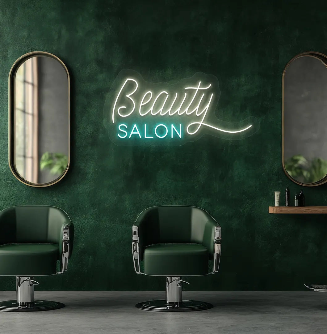 Modern salon aesthetic wall with beauty salon neon sign glowing warm white