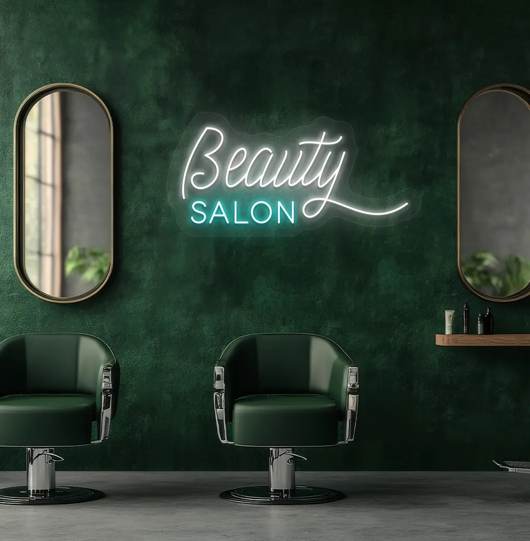 Image of an aesthetic salon wall with beauty salon neon sign glowing white.