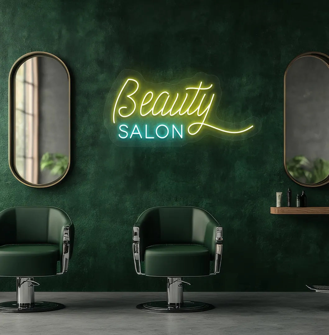 Modern salon aesthetic wall with beauty salon neon sign glowing yellow.