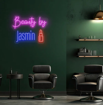 Personalized Beauty by Custom Name neon sign in blue color mounted on modern wall.