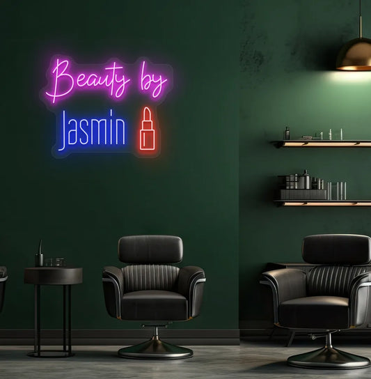 Personalized Beauty by Custom Name neon sign in blue color mounted on modern wall.