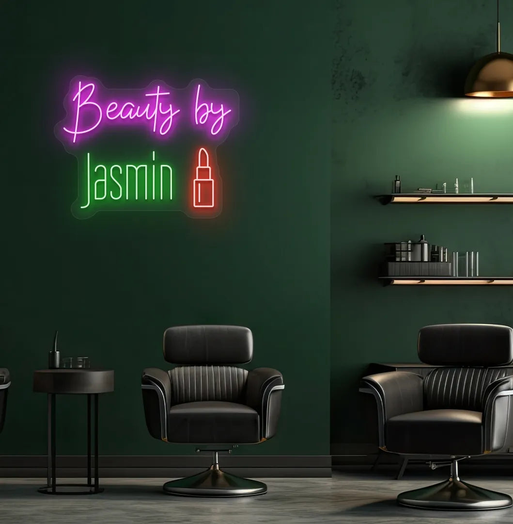 Green LED personalized Beauty by Custom Name neon sign for salon wall décor.