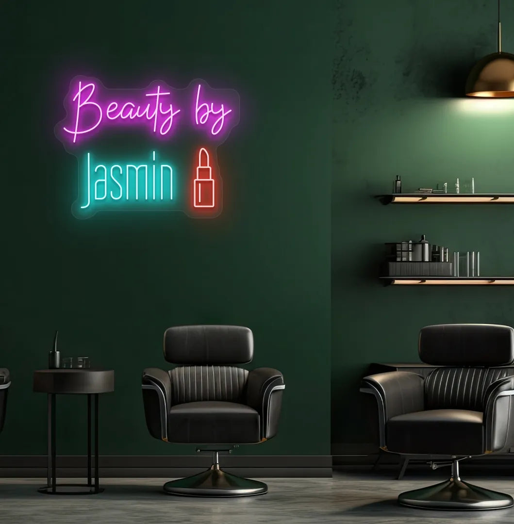 Personalized Beauty by Custom Name neon sign in ice blue color mounted on modern wall.