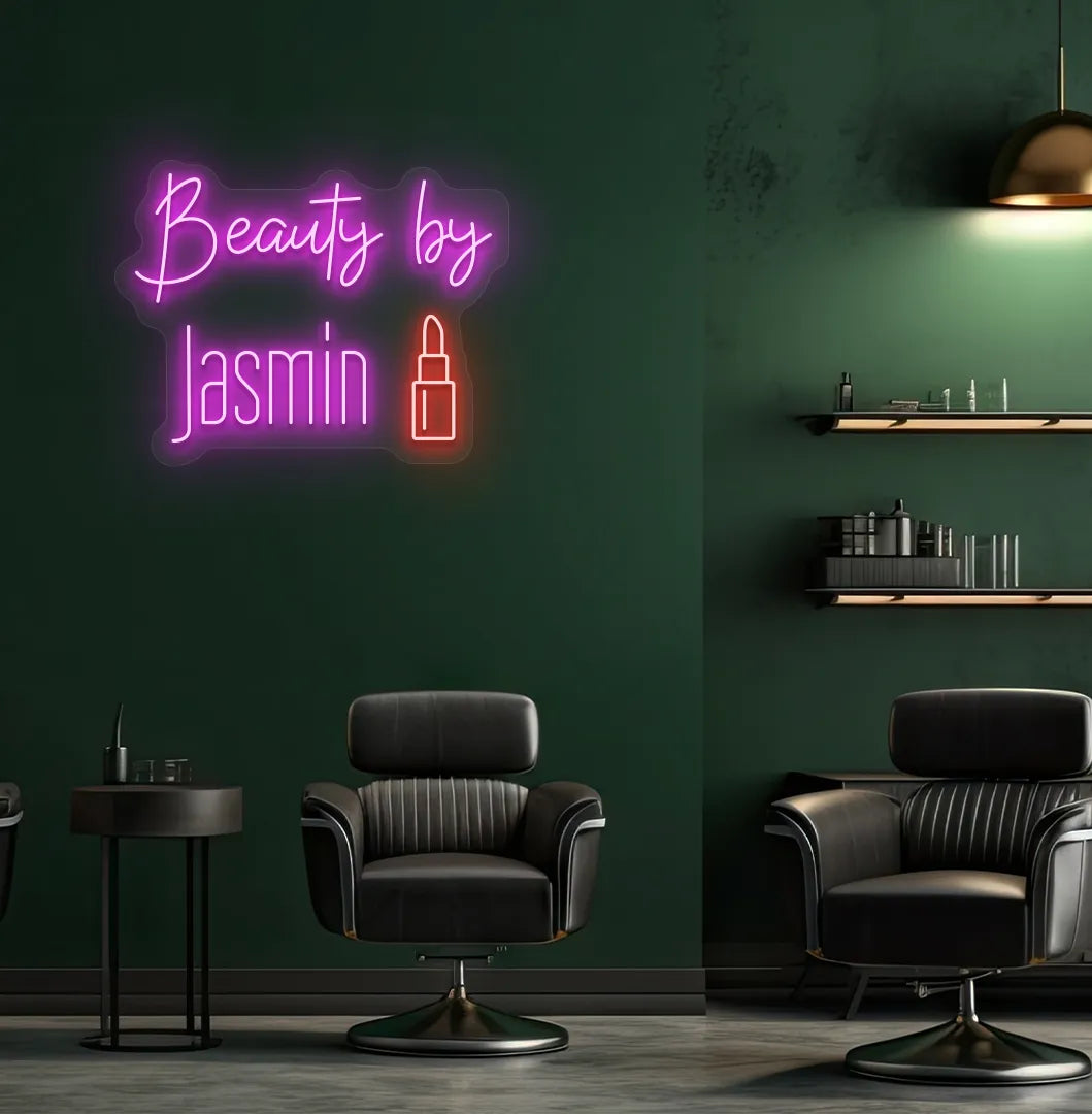 Personalized Beauty by Custom Name neon sign in pink color mounted on modern wall.