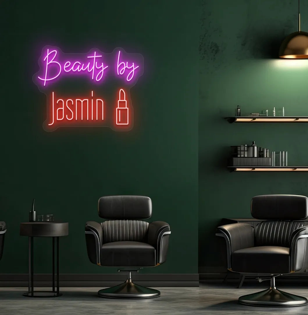 Personalized Beauty by Custom Name neon sign in red color mounted on modern wall.
