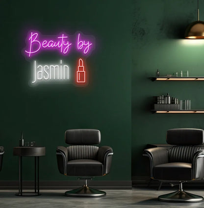 Personalized Beauty by Custom Name neon sign in warm white color mounted on modern wall.