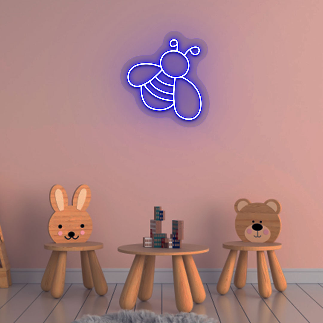 A stylish bee-blue LED neon sign is mounted on the bar's interior wall. 
