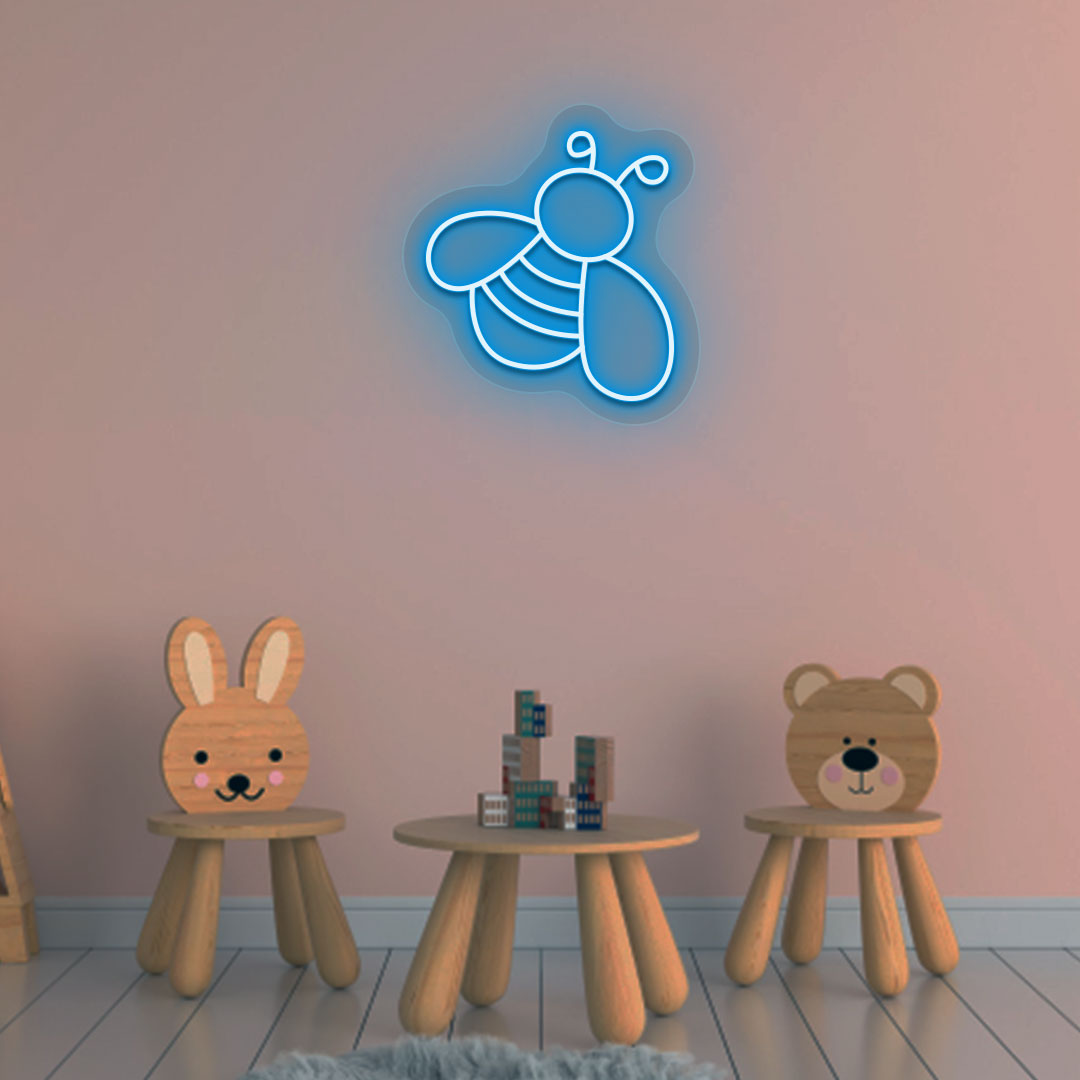 Bright kids' bedroom wall decor with an ice blue bee neon sign symbol. Perfect for a playroom or kids' room.