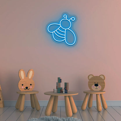 Bright kids' bedroom wall decor with an ice blue bee neon sign symbol. Perfect for a playroom or kids' room.