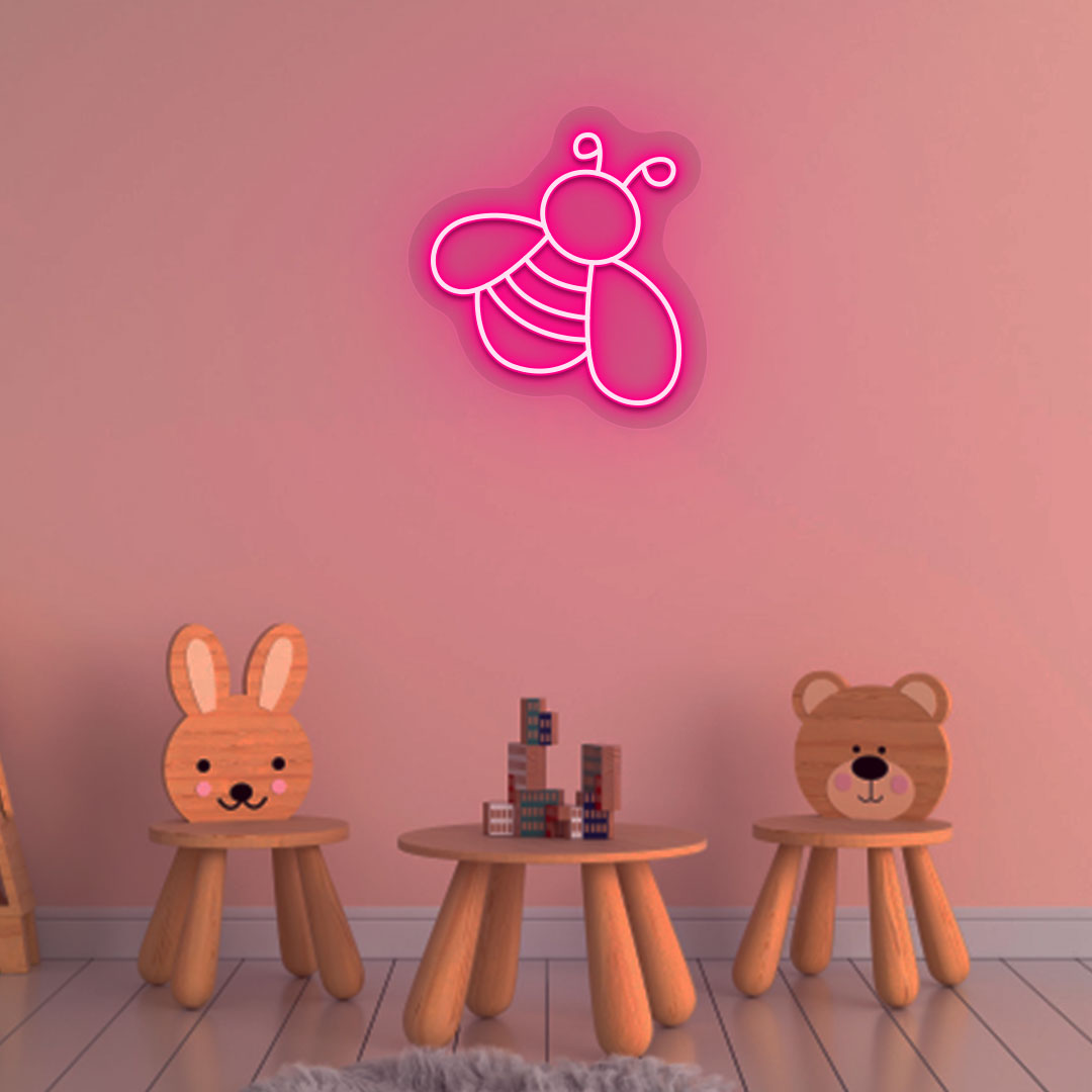 A stylish bee-pink LED neon sign is mounted on the bar's interior wall. 