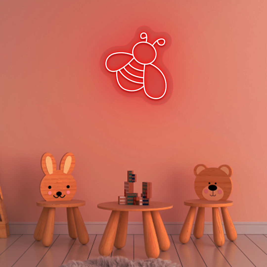 A stylish bee-red LED neon sign is mounted on the bar's interior wall. 