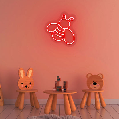 A stylish bee-red LED neon sign is mounted on the bar's interior wall. 
